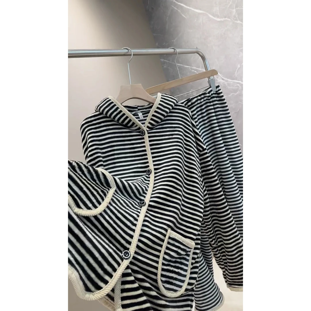 双面绒条纹厚款连帽睡衣家居服套装外穿时尚韩版