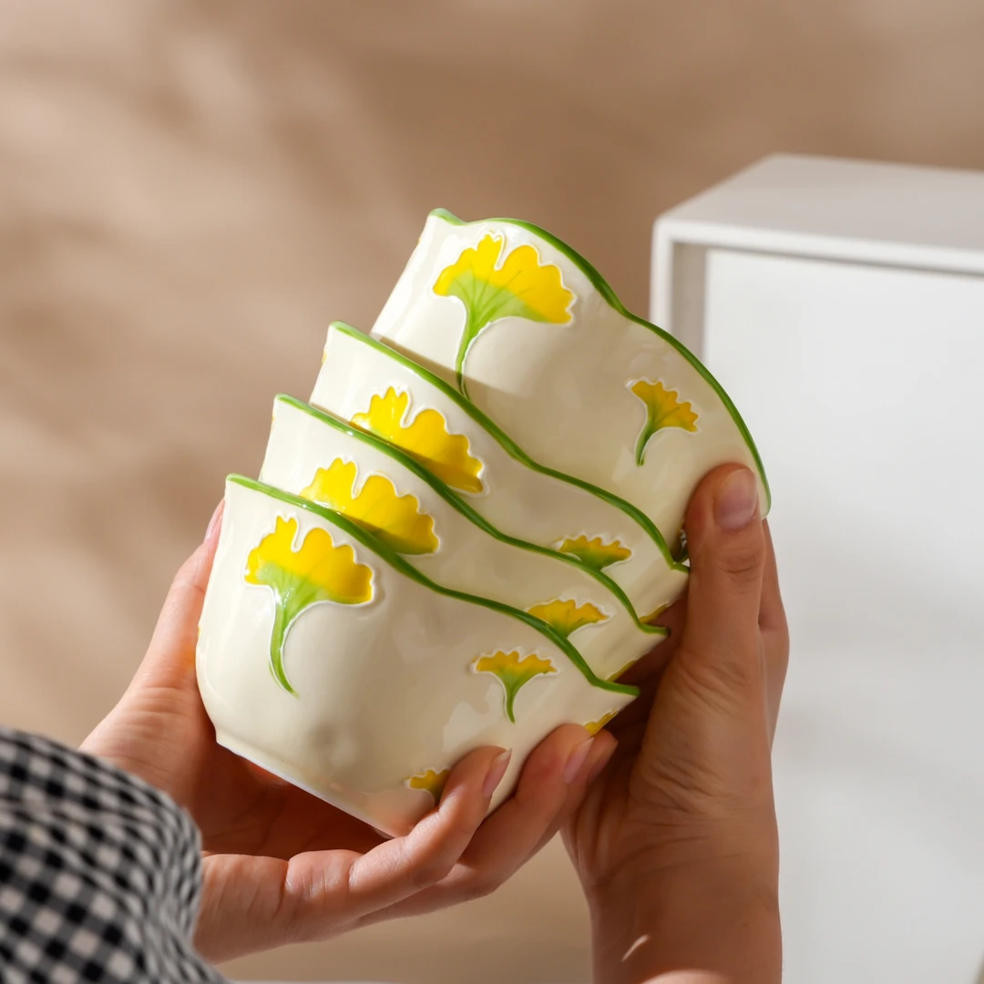 【杏落秋蝶4个装】4.75英寸陶瓷釉下彩手绘浮雕小清新米饭碗早餐碗