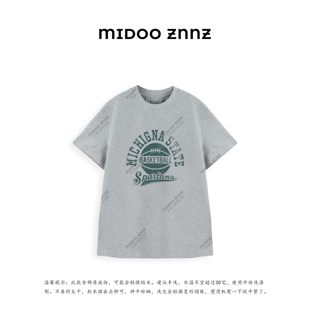 MIDOO ZNNZ 橄榄球字母图案纯棉平纹正肩宽松短袖11786M