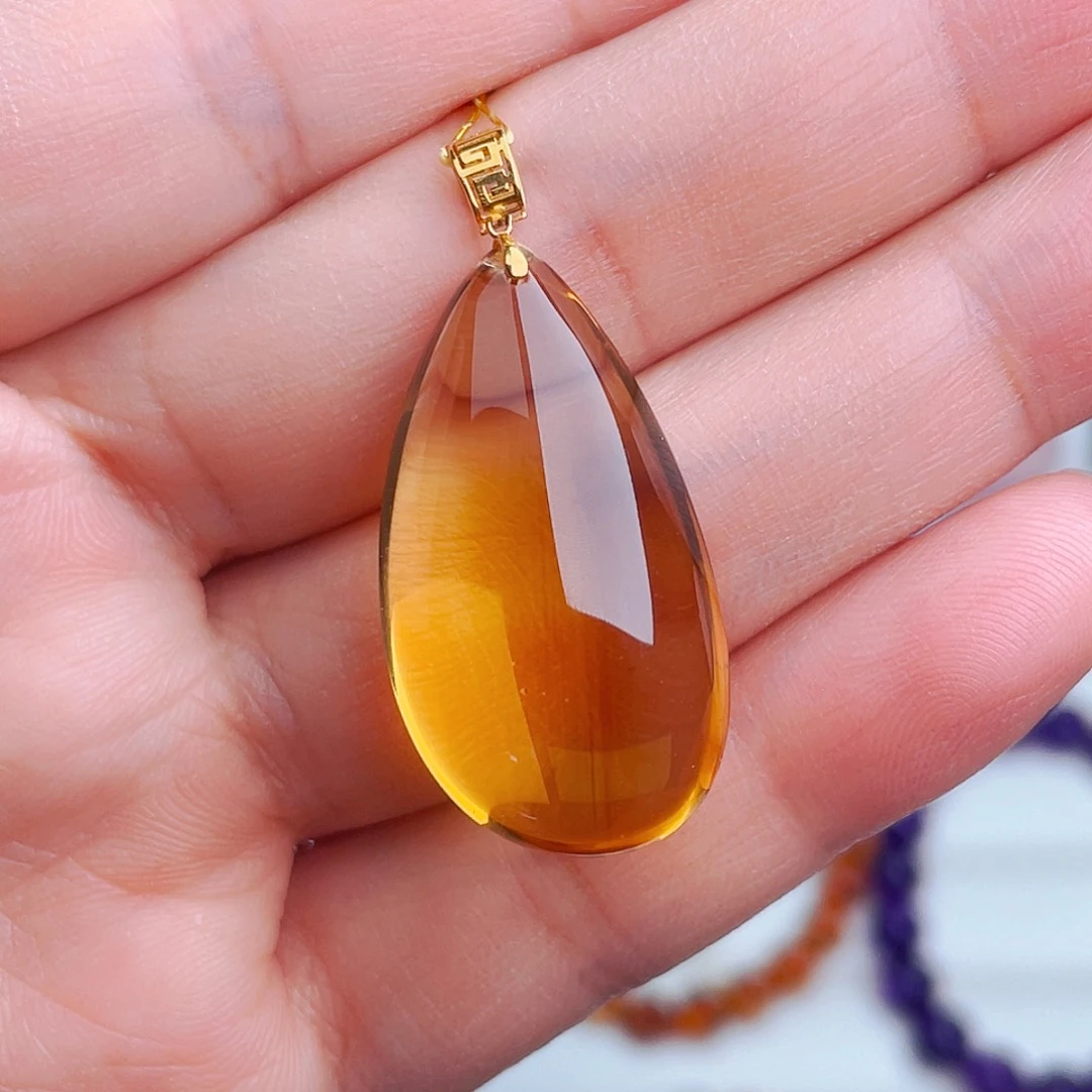 珠宝半成品水晶18K金镶嵌天然保真黄水晶吊坠