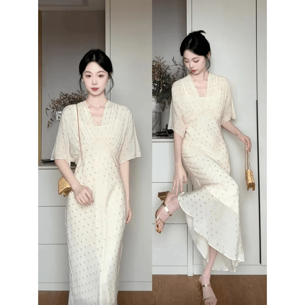 显瘦气质高级白色长款新款蕾丝收腰新款女装