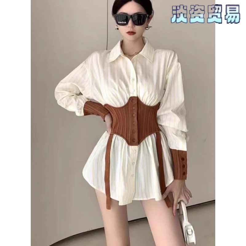 衬衫欧美上衣大码中长款收腰衬衣设计感小众春秋法式女气质假两件