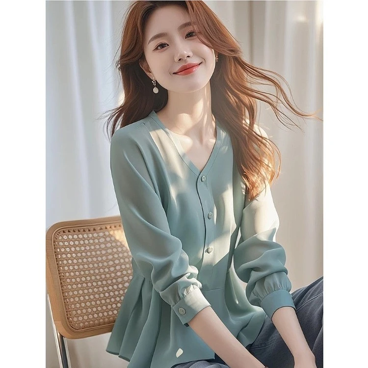 2025春秋新款法式独特绝美上衣蓝色雪纺长袖衬衫女士气质小衫衬衣