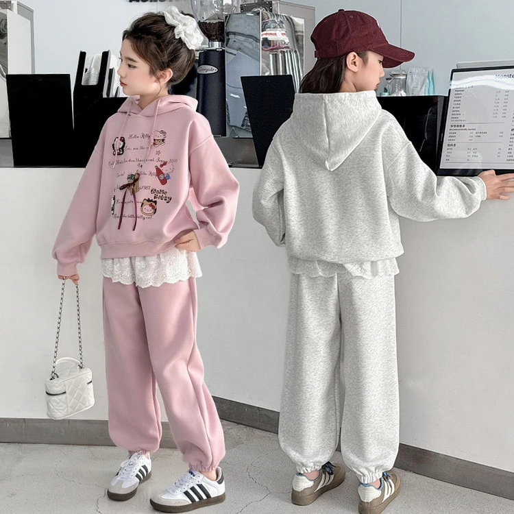 女童时尚蕾丝花边儿童春秋洋气连帽卫衣套装2025新款中大童5-15岁