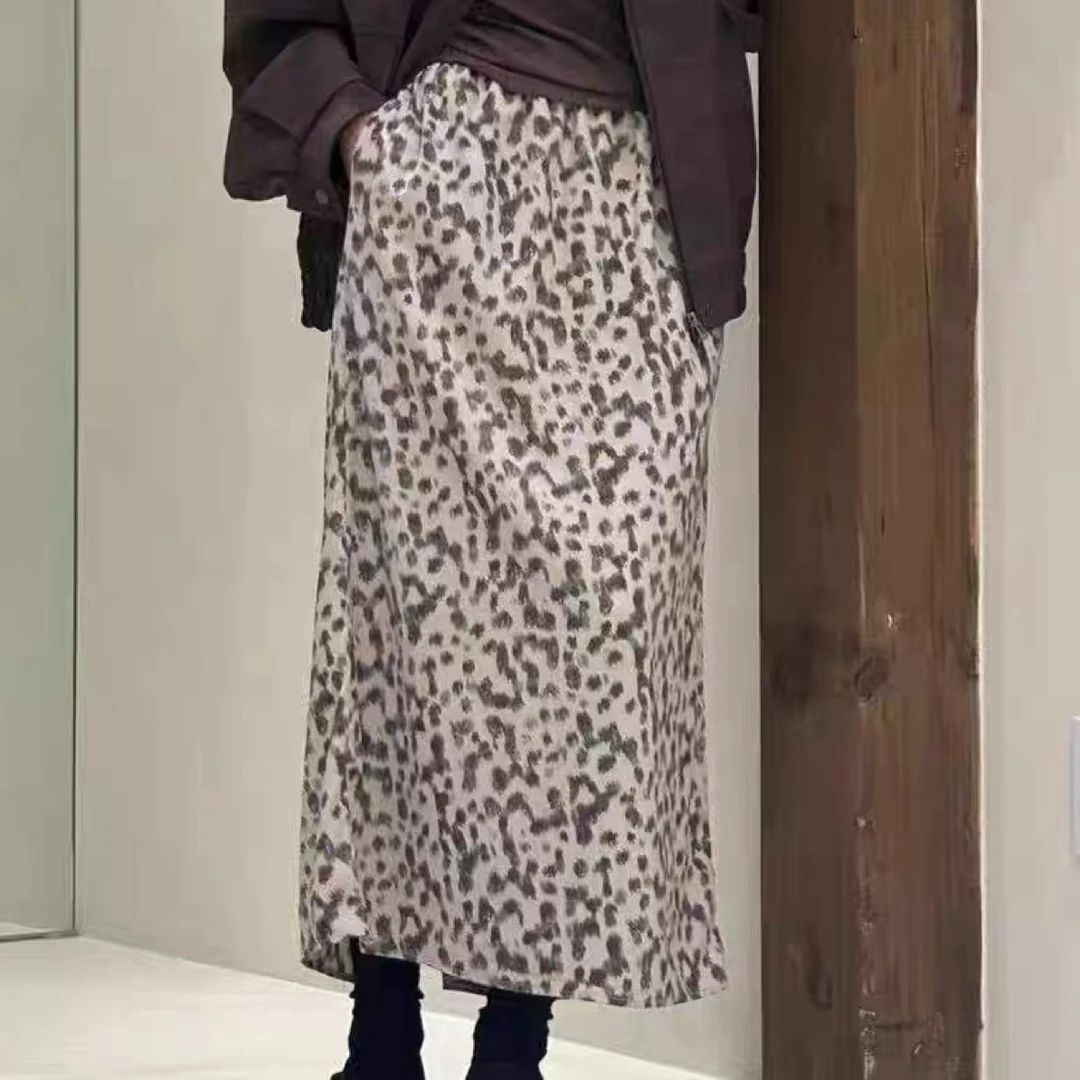ondo女韩国正品代2025秋季街头复古松紧腰豹纹印花直筒半身裙