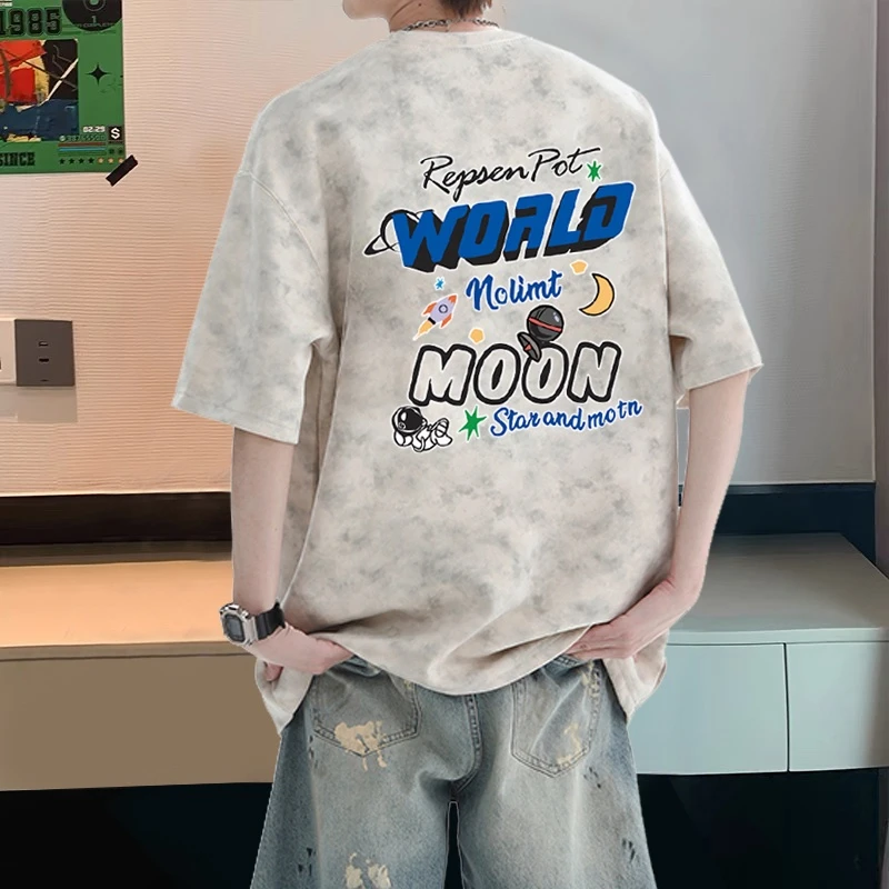 潮牌扎染纯棉短袖t恤男生宽松大码上衣ins美式复古情侣半袖青少年