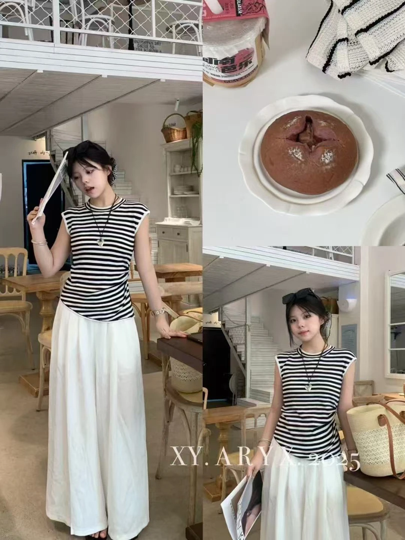 2025夏季新款时尚套装条纹无袖背心上衣裤子两件套女-067