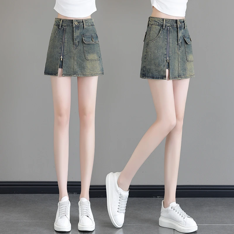 辣妹拉链开叉设计半身裙春夏防走光高腰显瘦A字牛仔短裙包臀复古