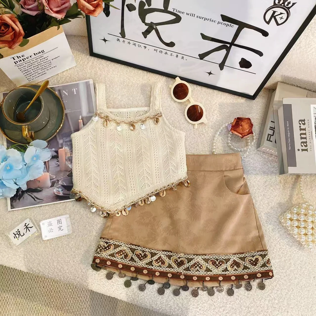 YH夏季新款2025女童针织休闲百搭网红时尚洋气镂空女宝套装8561