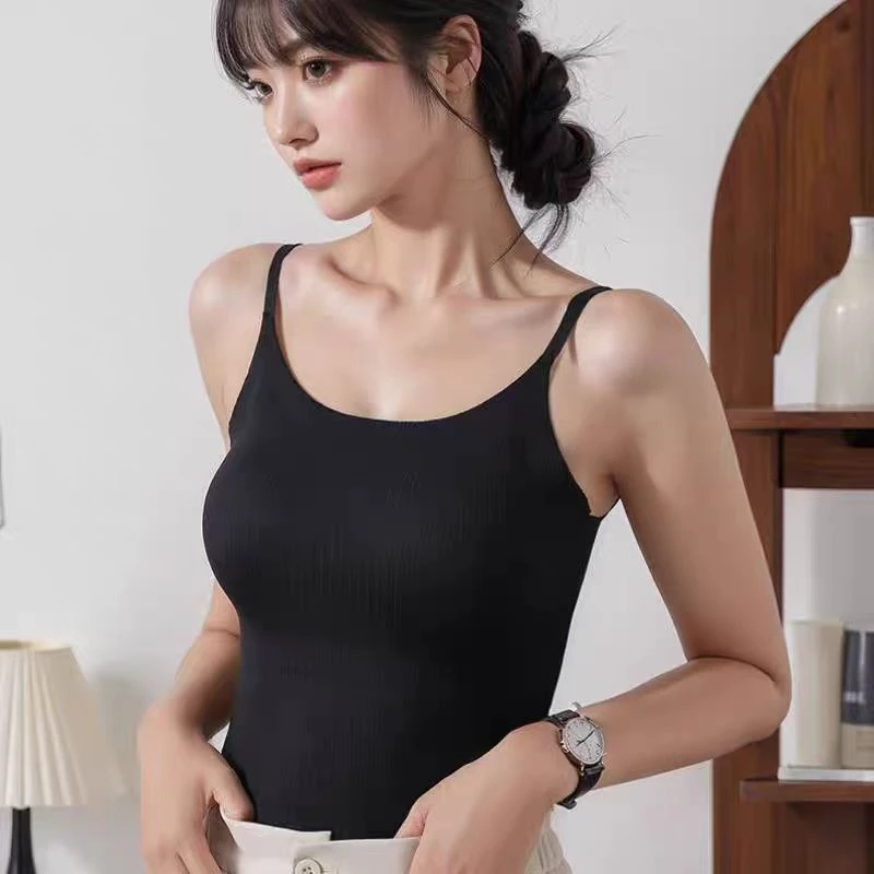 高货无痕冰丝吊带背心一体固定杯垫内搭夏季运动外穿