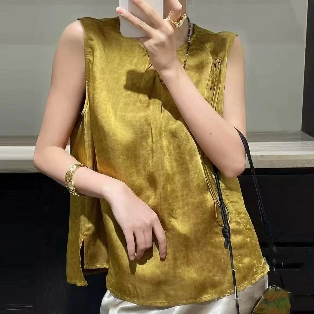 612/9665/130  新中式国风圆领盘扣印花无袖衬衫