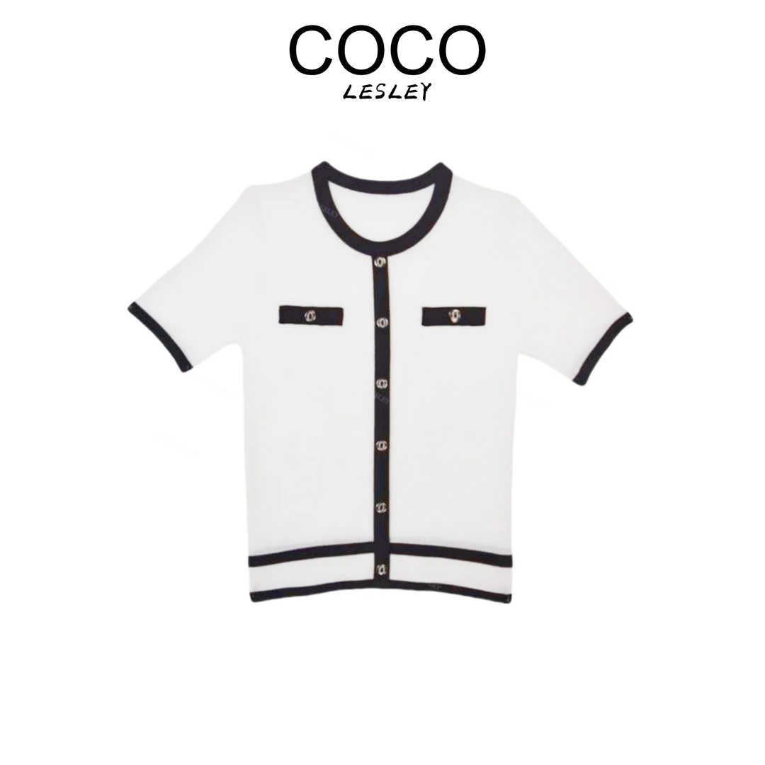 【COCO LESLEY】百搭黑白方领小香短袖女装夏款针织衫上衣 283006
