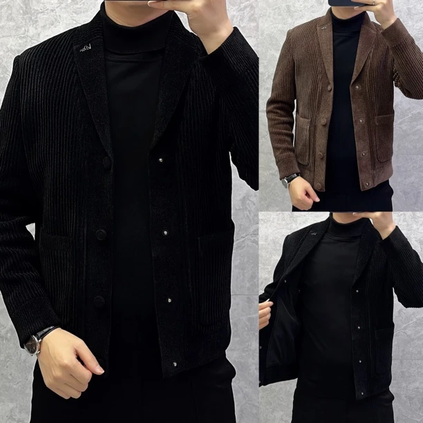 957法兰绒条纹平驳领常规休闲夹克外套时尚韩版男士春秋百搭款