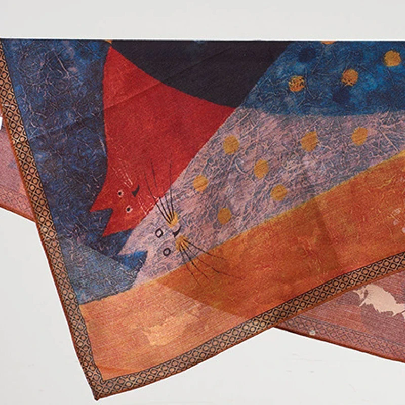 惊艳色(小猫咪)油画双面款 原创棉柔围巾70方巾空调房披肩外搭