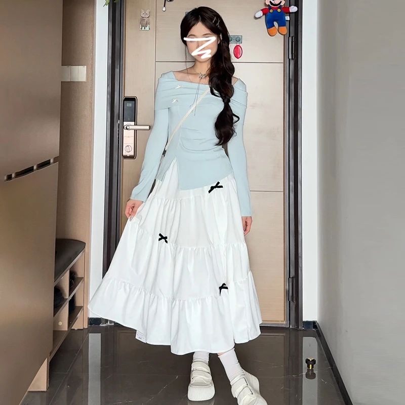 4806温柔韩系早春穿搭一整套蓝色半身裙子套装女2025年新款高级感