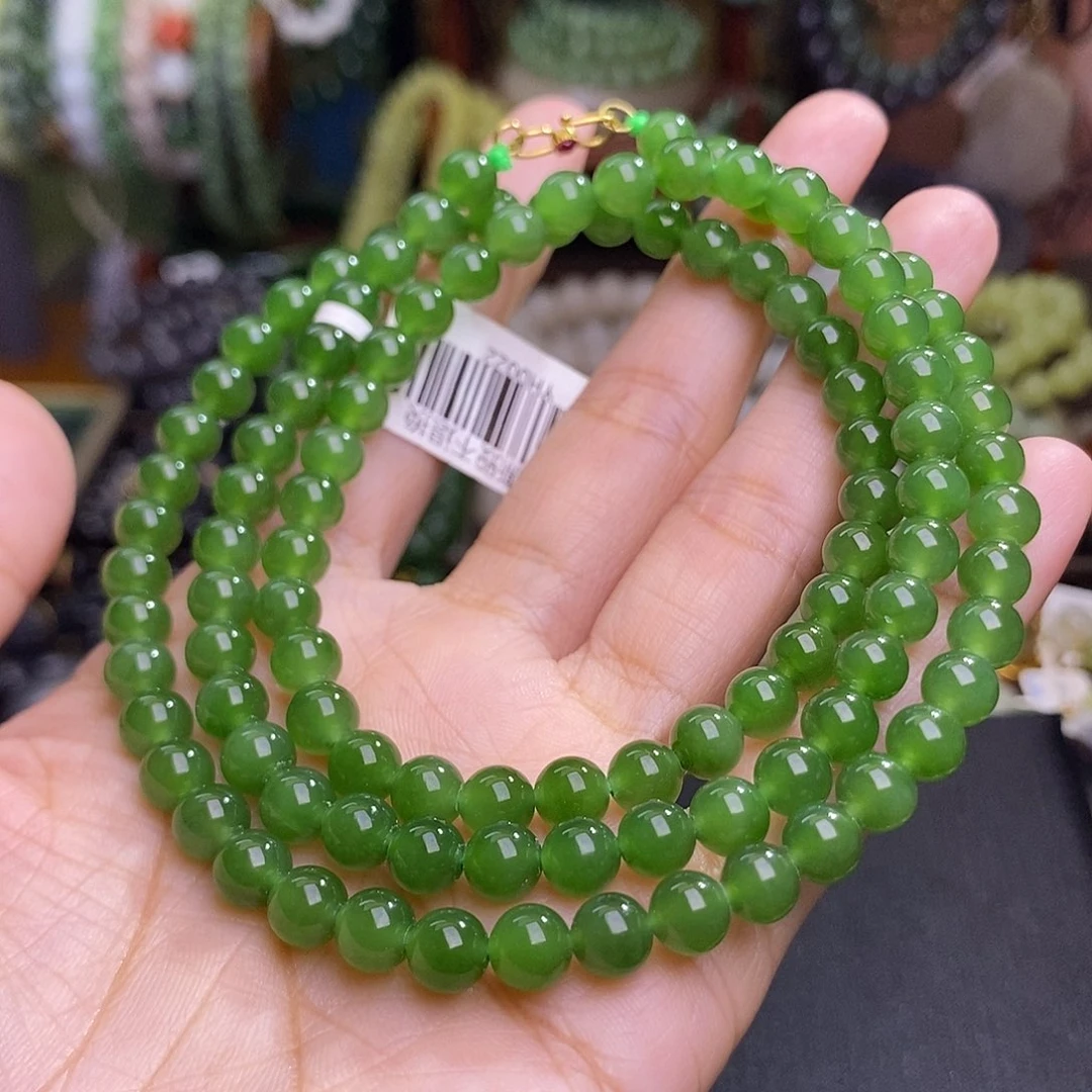 颈饰未镶嵌和田玉冰底碧玉阳绿珠串约6MM18.K金