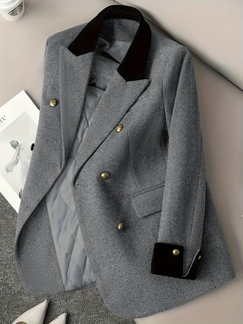 16021#秋冬新款高端通勤百搭西装外套女灰色高级感职业西服上衣