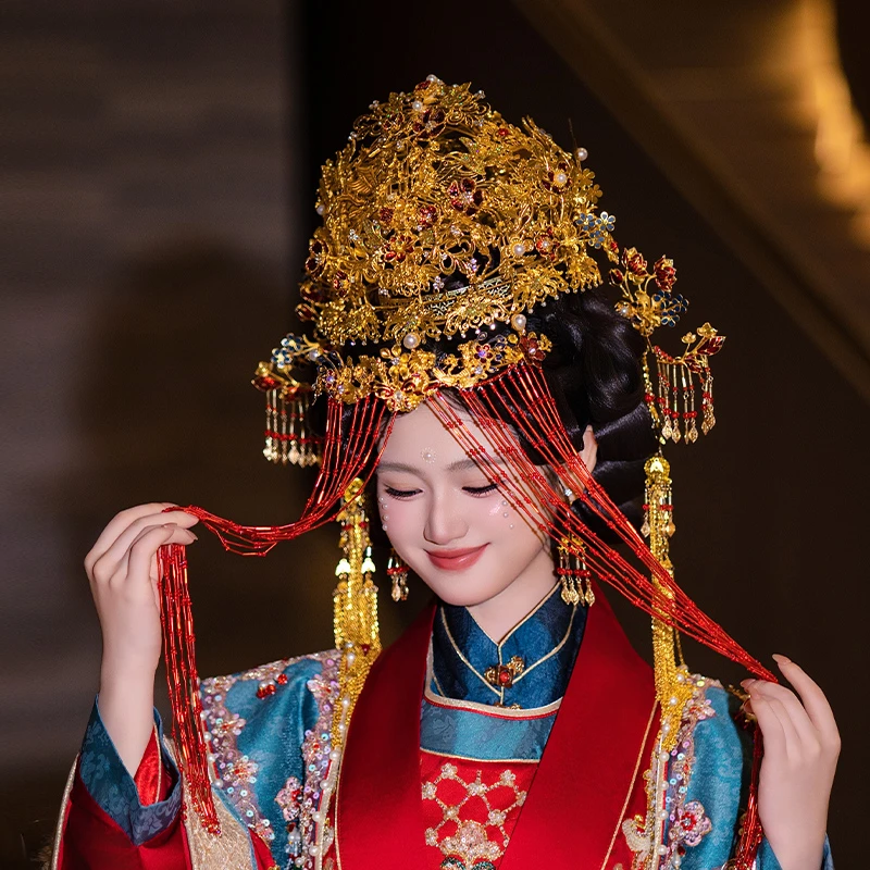 合金婚庆饰品 国风新娘新款金色凤冠汉服婚礼长流苏头饰女SE36-Z