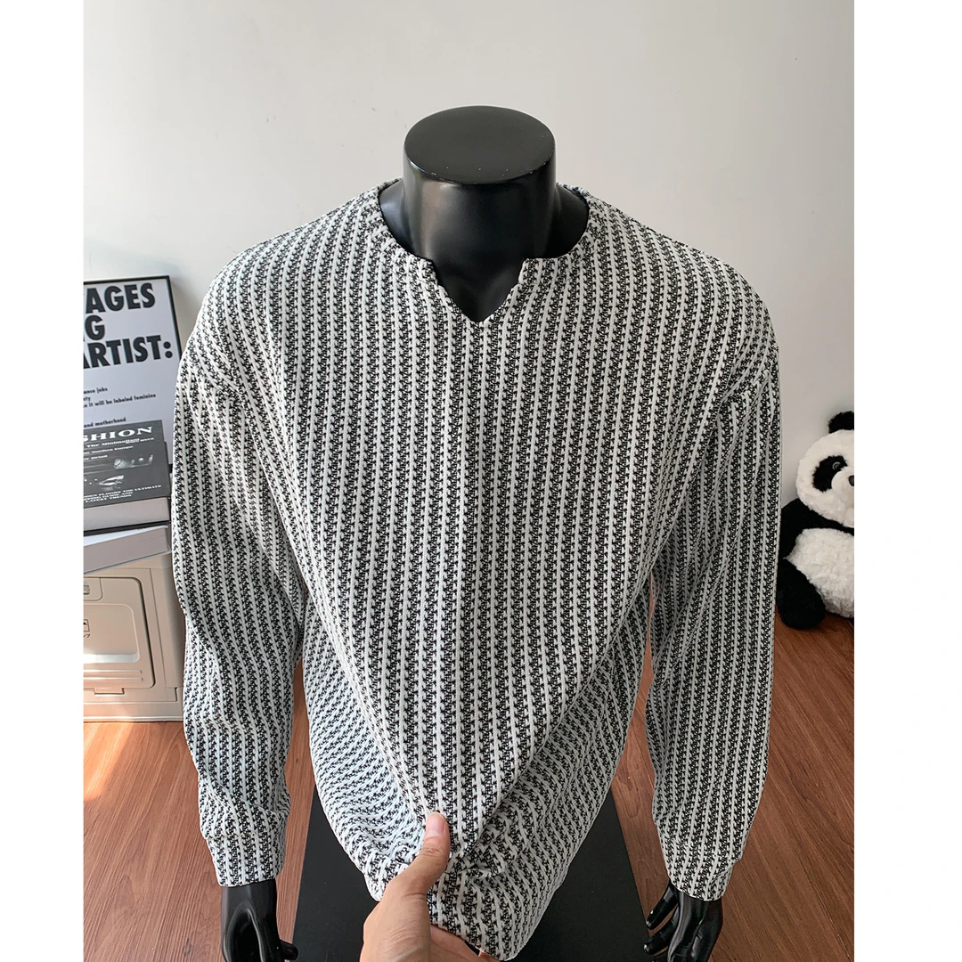 QNMN男女同款鱼骨纹设计感v领长袖T恤打底衫高级感痞帅百搭上衣