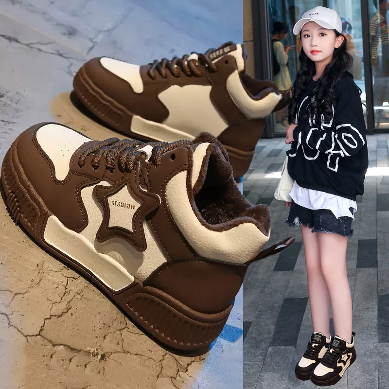 女童加绒二棉板鞋高帮童鞋2025秋冬新款中大童加厚运动鞋儿童棉鞋