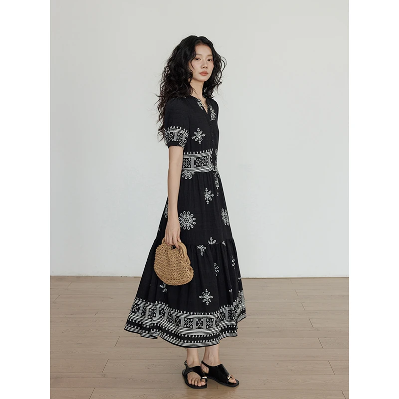 vastand维尚 复古裙子设计感印花气质连衣裙黑色赫本风夏季长裙