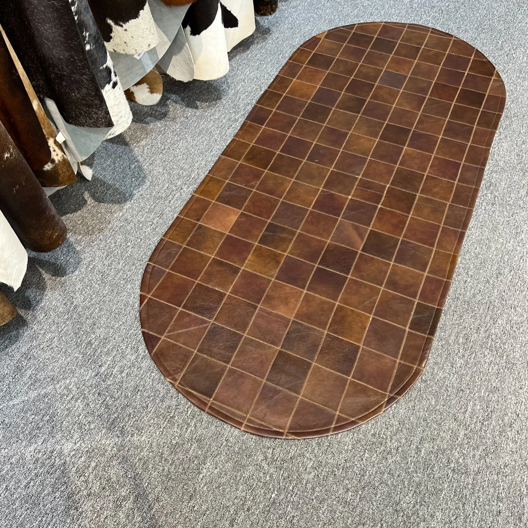 头层牛皮手工拼接床边毯复古轻奢风格适用于客厅卧室书房