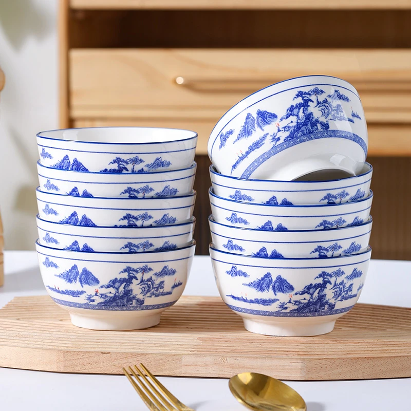 青花山水·瓷韵4.5英寸米饭碗10只装家用陶瓷饭碗加厚