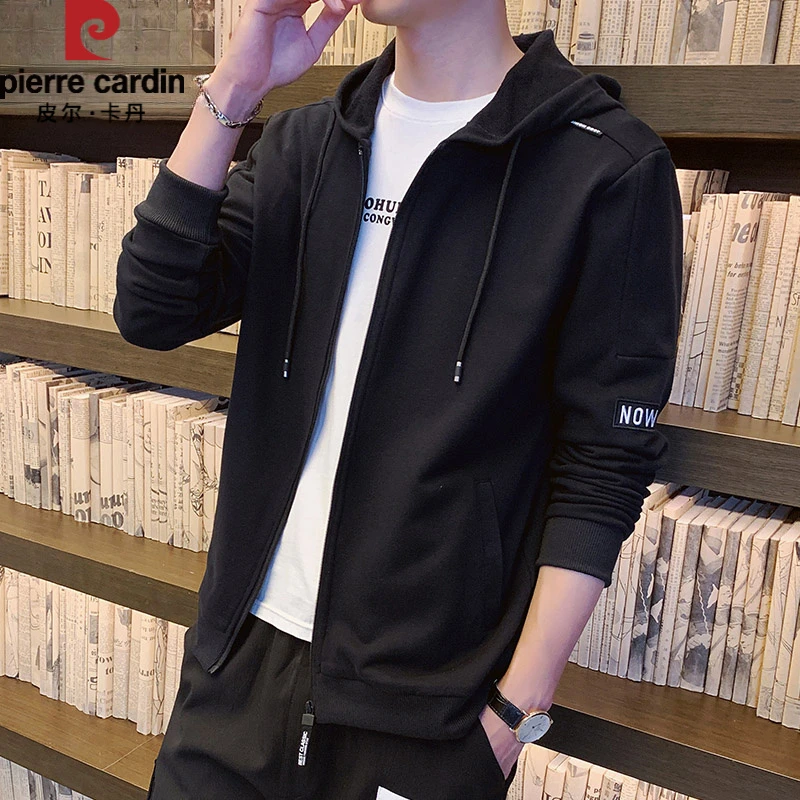 皮尔卡丹春季开衫卫衣男士黑色连帽休闲衣服2025新款夹克外套春装