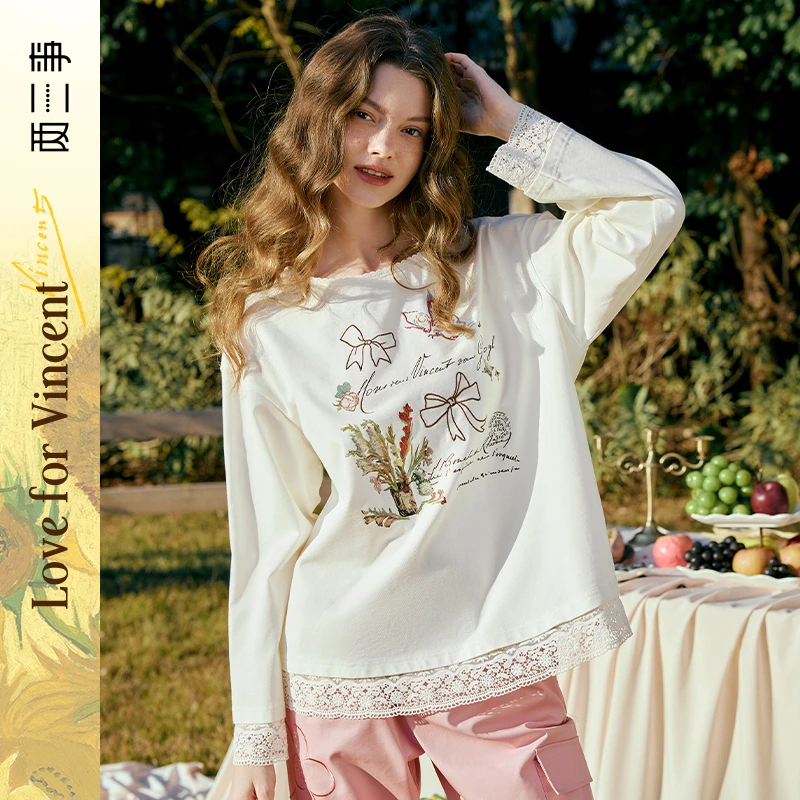两三事梵高文艺画中游花 小清新蕾丝拼接印花刺绣t恤S25CT442