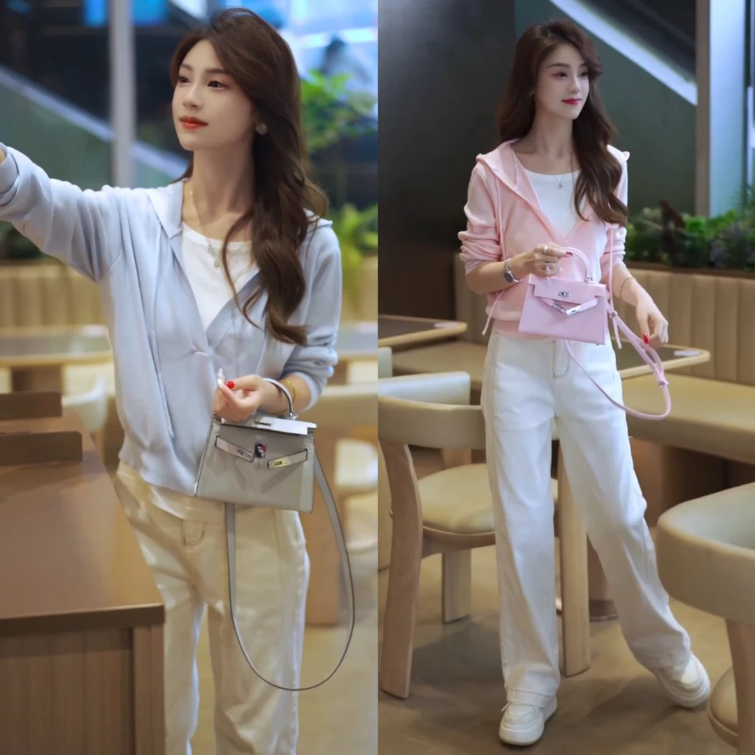 秋新款假两件连帽天丝凉感针织衫长袖上衣+休闲显腿长直筒牛仔裤