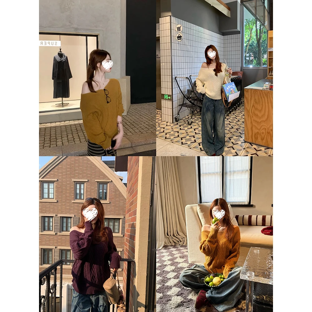 一字领麻花针织上衣吸睛优雅显灵动廓形保暖毛衣女 61110