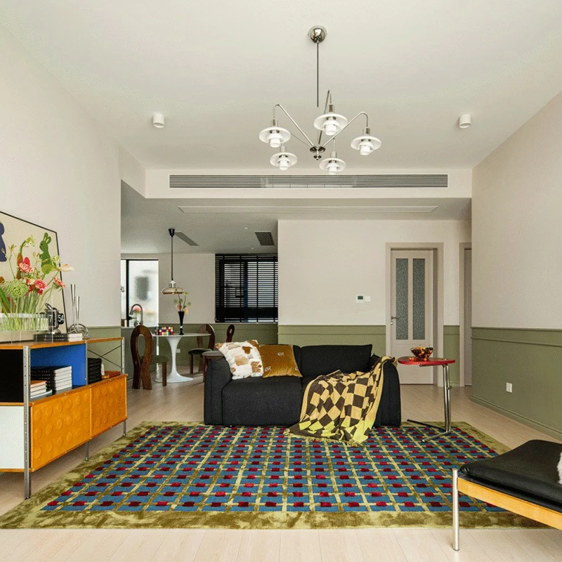 【手工制作】法式复古地毯客厅沙发垫高级绿色格子中古风卧室床边毯