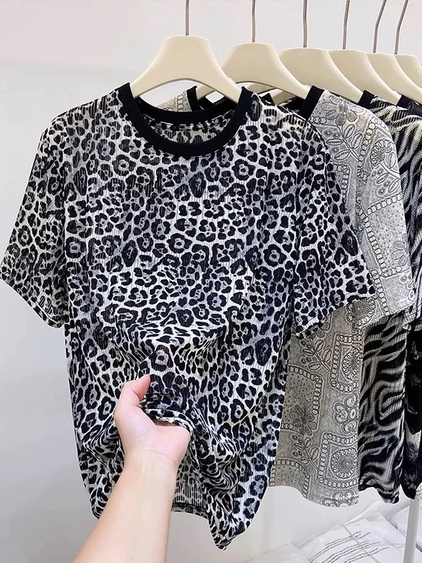 欧货百搭洋气豹纹圆领T恤2291