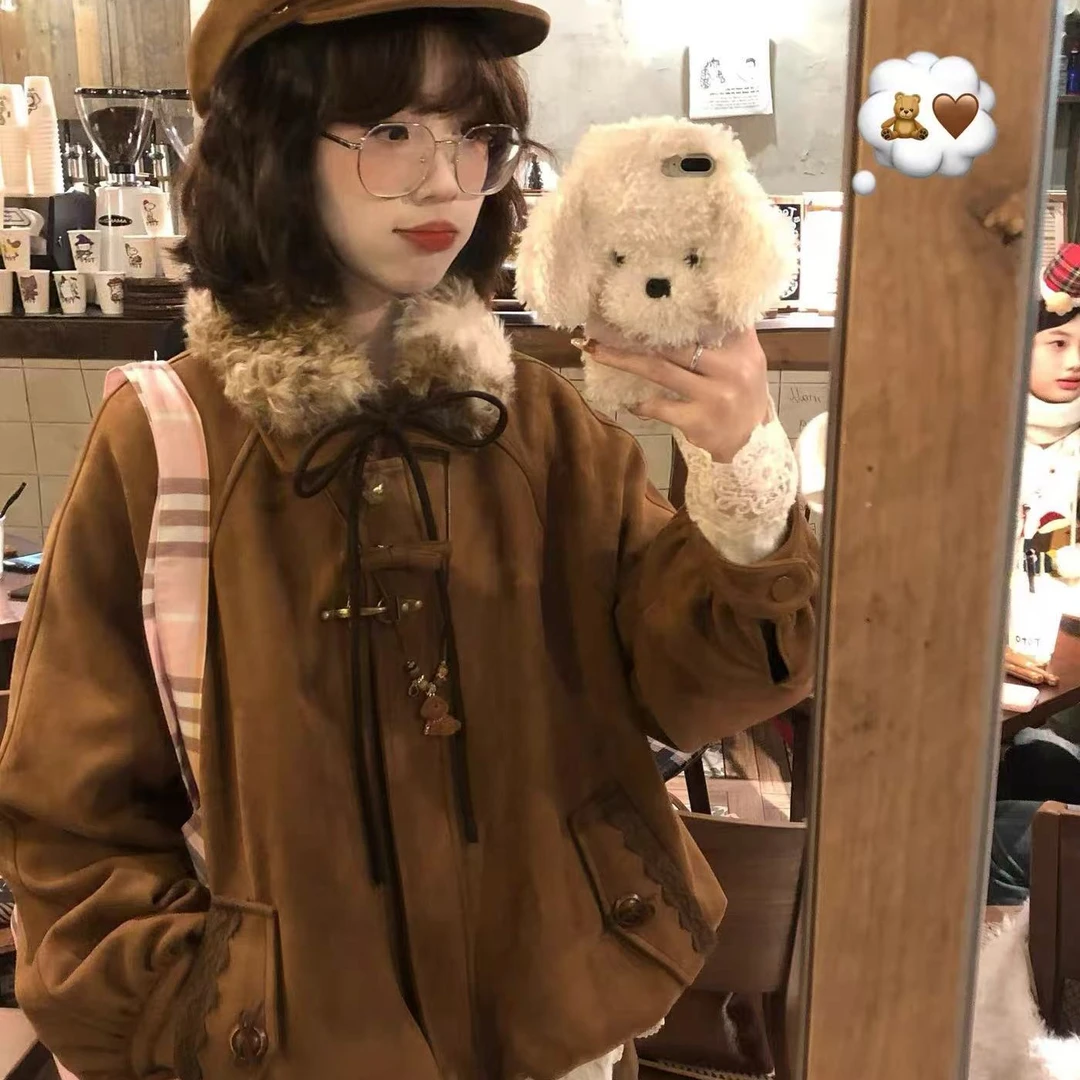 日杂感叠穿毛毛领vintage感夹棉花苞外套冬款棉服三件套