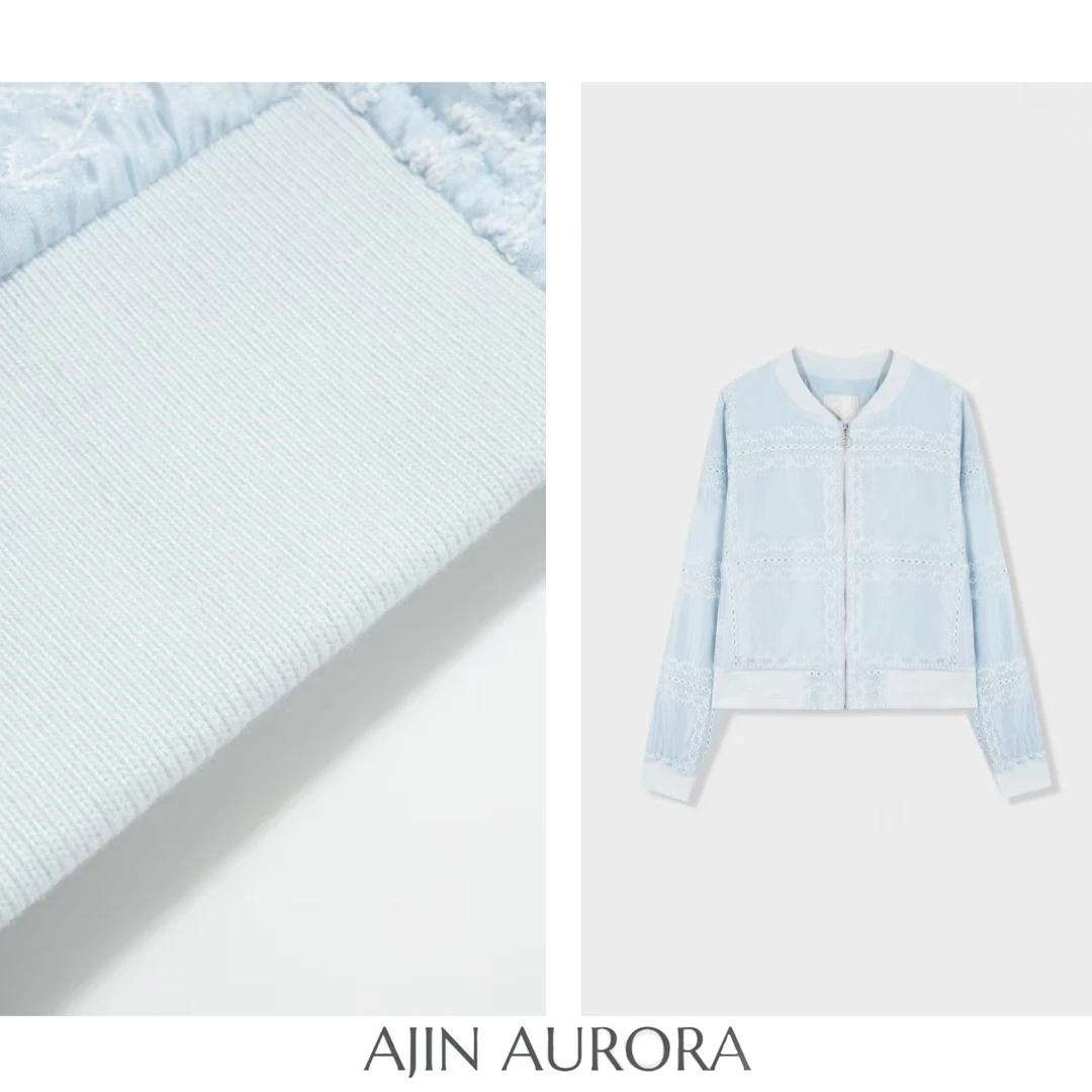 (冰雾云蓝)88772春季新款时尚镂空勾花棒球服女外套