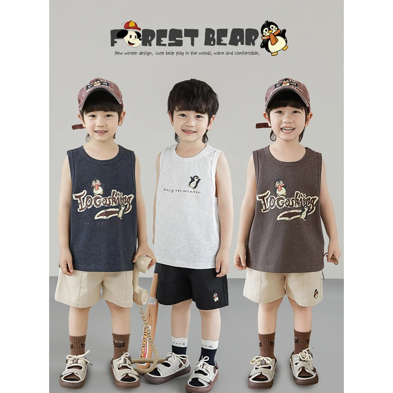 YOEHYAUL/幼悠夏伍波下【企鹅探险家】卡通印花清凉无袖背心N6244