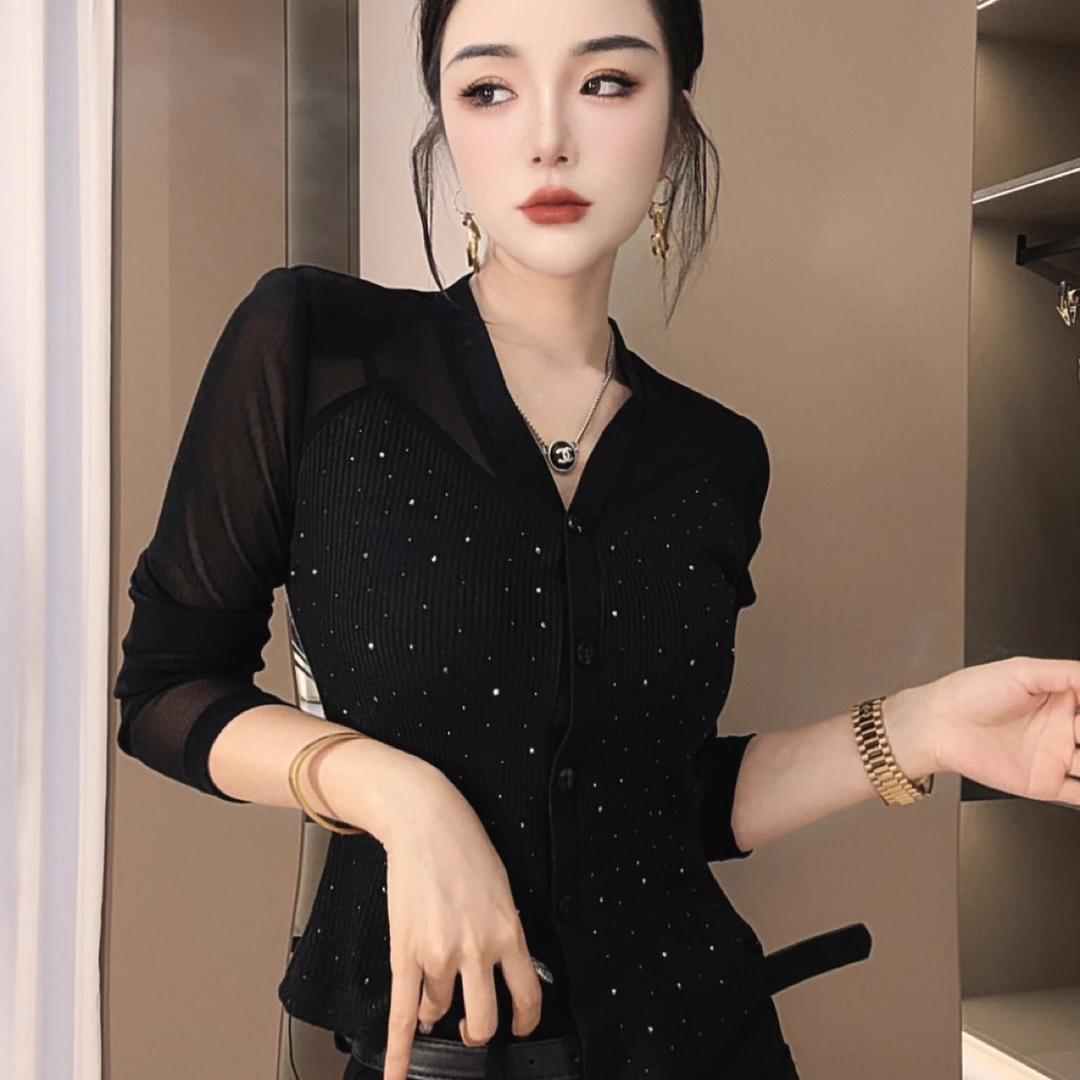 莎火火-秋装新款修身显瘦百搭烫钻小开衫女上衣3055