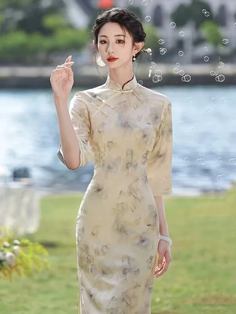 1348 【秋华】 花色 三扣 莲花 旗袍