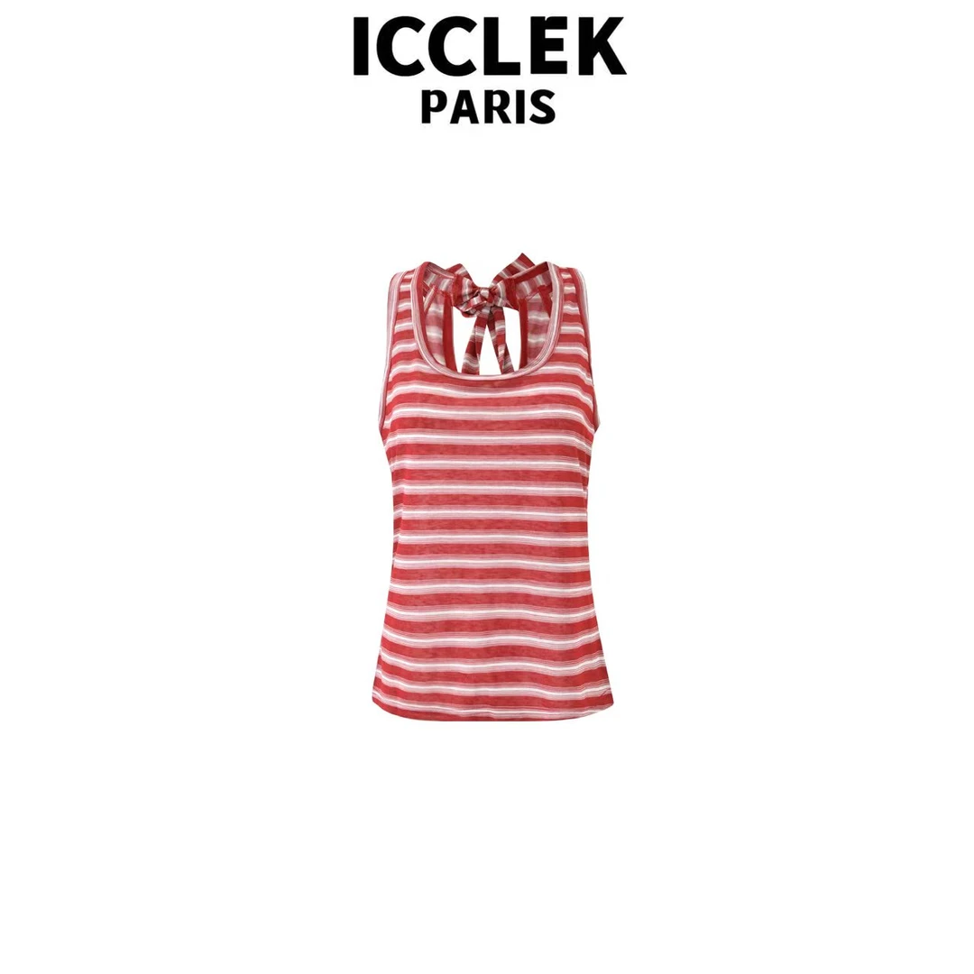 ICCLEK 红色条纹蝴蝶结减龄显瘦针织衫背心休闲时尚圆领百搭-5764