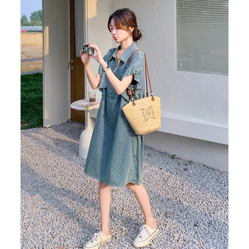 设计感波点提花牛仔裙女夏季2025新款小个子休闲显瘦甜美连衣裙子