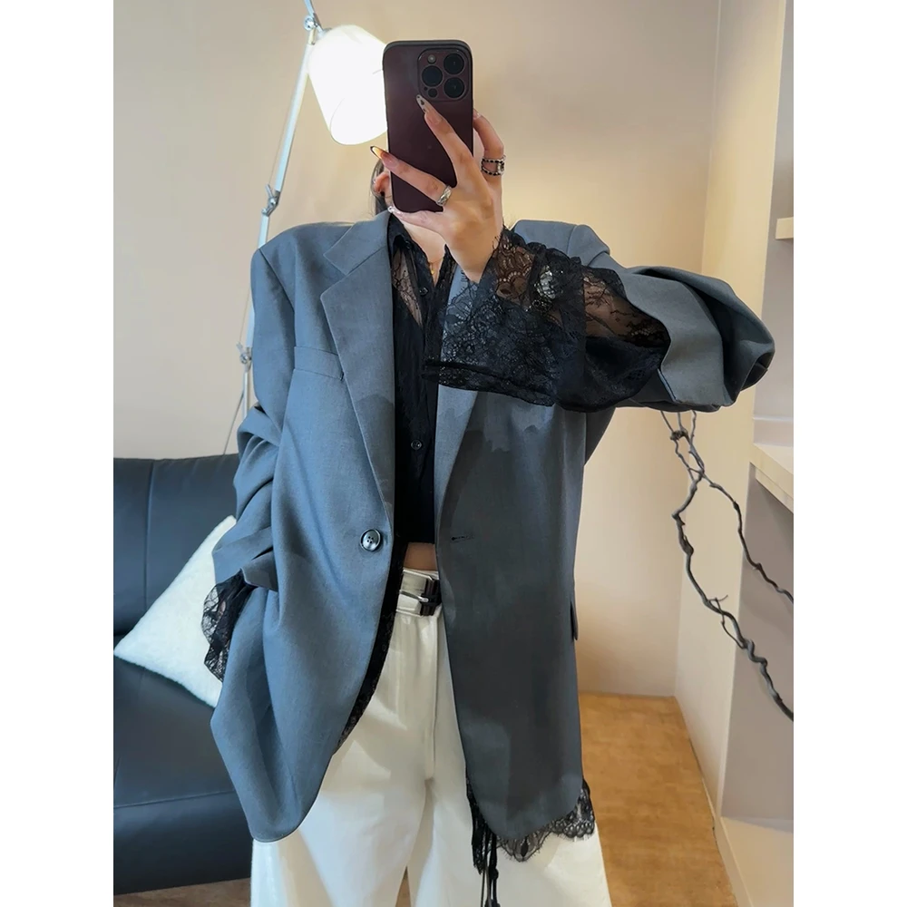 JCCC影子【如常】灰色撞色复古廓形设计感西装外套JE4BSF10