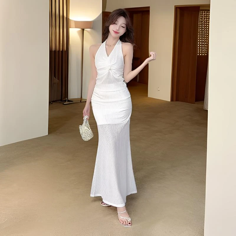 性感气质御姐风包臀裙两件套显瘦扭结挂脖上衣＋高腰鱼尾包臀长裙