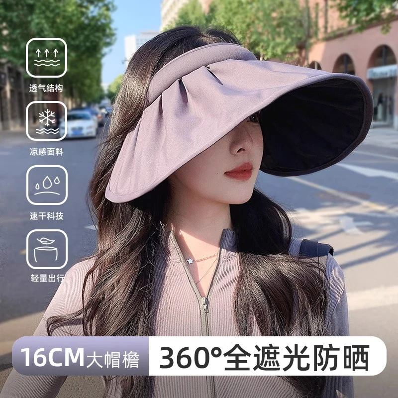 防晒帽女夏季防紫外线贝壳遮阳帽骑车黑胶太阳帽子遮脸大檐空顶帽
