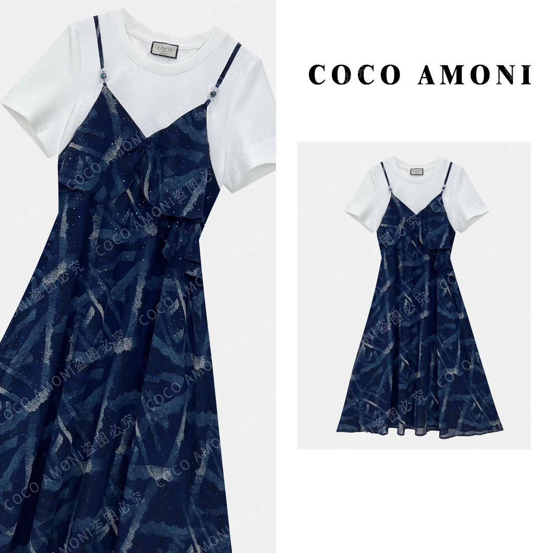 [曼姐]新款高级感气质女装拼接重工假两件显瘦气质连衣裙ZC707