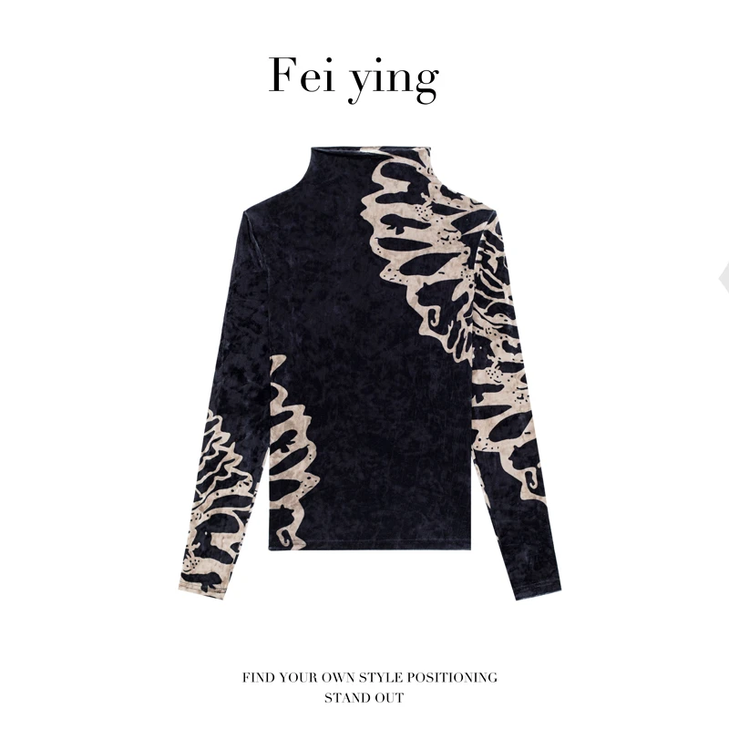 丝绒半高领早秋新款打底时尚气质修身显瘦上衣减龄印花长袖6