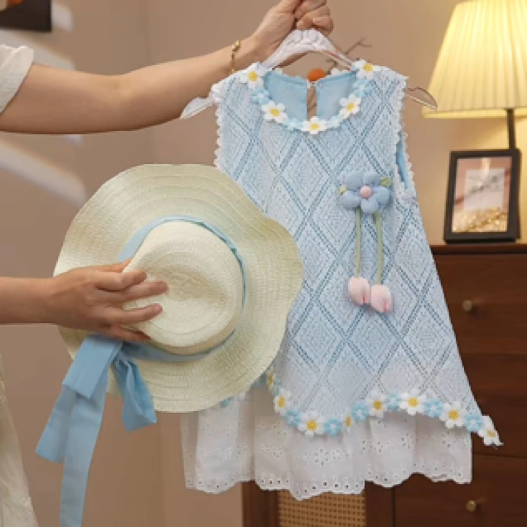 女童夏季绝美天蓝色度假风针织连衣裙2025新款镂空海边沙滩背心裙