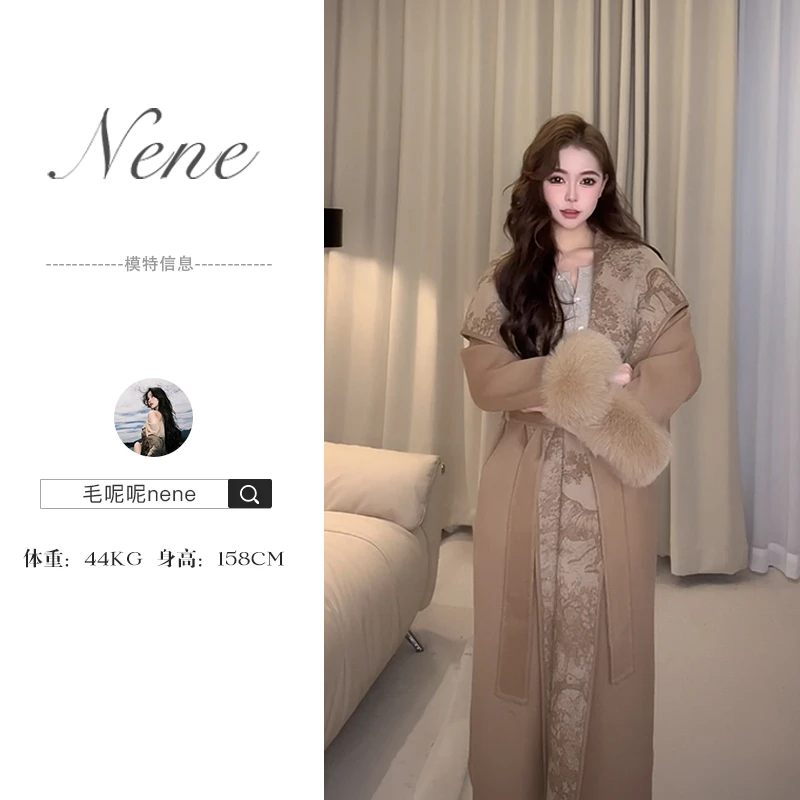 毛呢呢nene/ 缪斯情话 100%頂奢澳洲羔羊Di*素描印花双面呢大衣