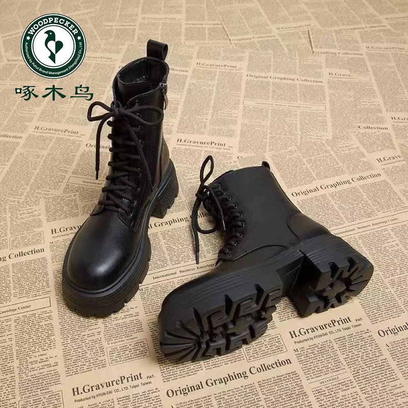 啄木鸟马丁靴女秋冬新款小个子厚底增高短靴显瘦英伦高跟机车靴