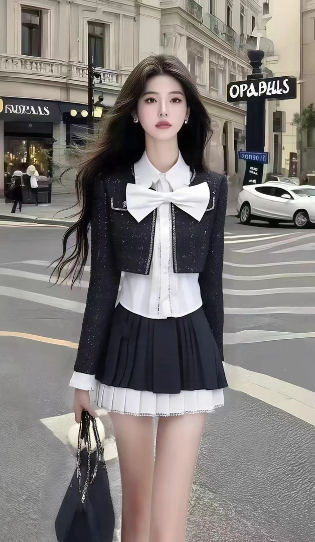 简约休闲风撞色不规则长袖衬衫领上衣百搭显瘦半身裙女时尚三件套