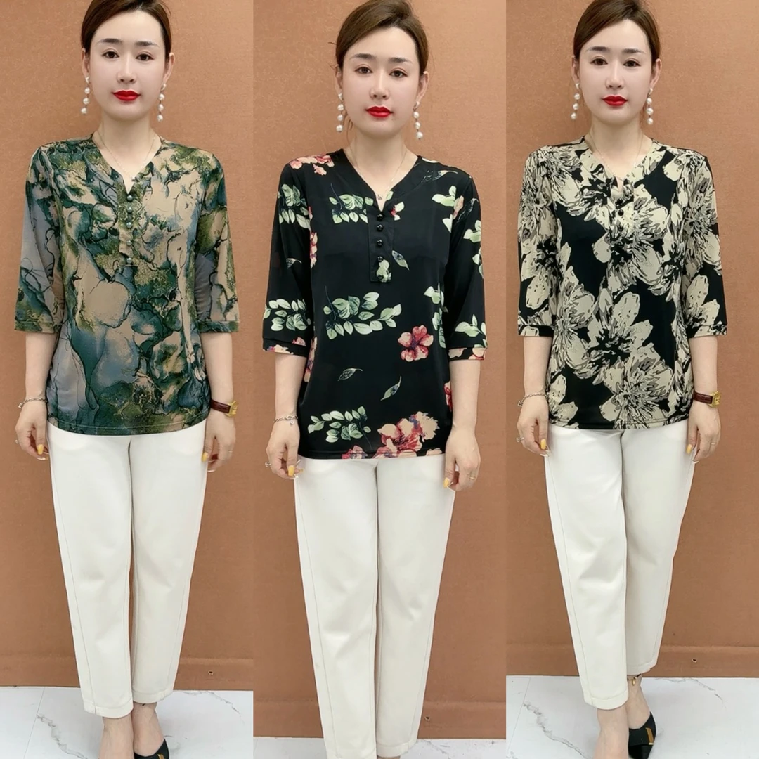 2025夏季新款时尚V领中袖T恤中老年女装宽松显瘦